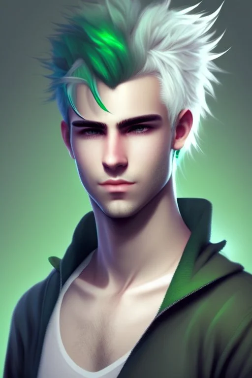 A young adult man with messy white hair and white cat ears, green eyes