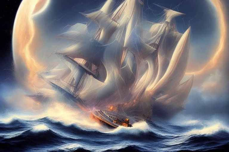 A sailboat of which front is Medusa head is flying into the universe.