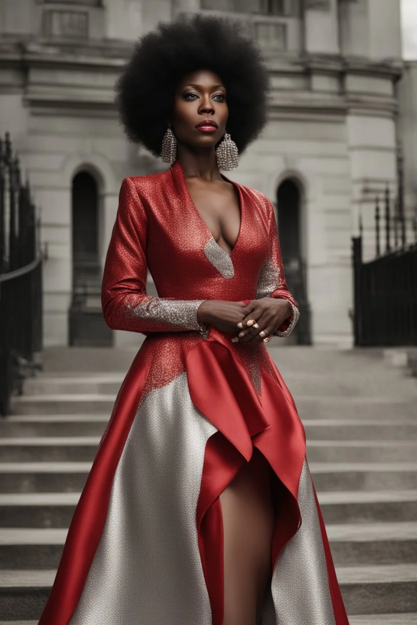 Portrait of a black woman wearing stylish red and silver dress.