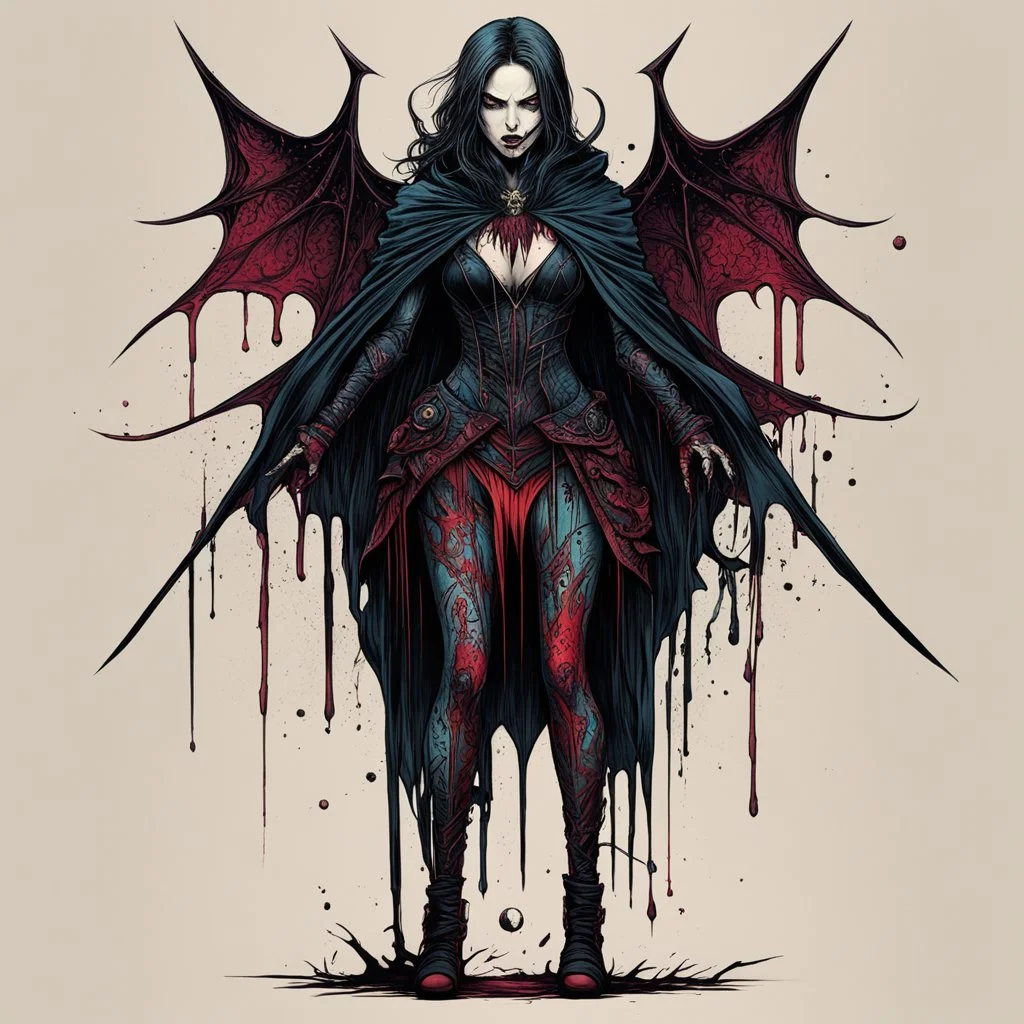 highly detailed, full body, color woodcut concept illustration of ravenous female Malkavian vampire character , maximalist, sharp focus, highest resolution, in the styles of Alex Pardee, Wayne Reynolds, Denis Forkas , and Masahiro Ito, boldly inked, 8k, coarse, gritty textures