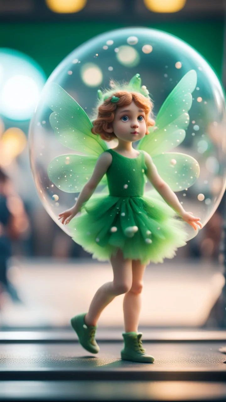 portrait of tiny green winged fairy inside bubble explosion at the train station,bokeh like f/0.8, tilt-shift lens 8k, high detail, smooth render, down-light, unreal engine, prize winning