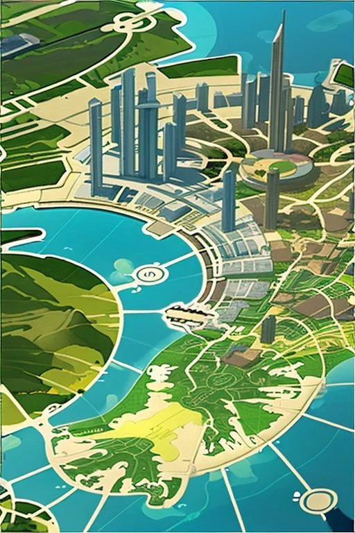 high detail map of an entire tropical dystopian small capital city