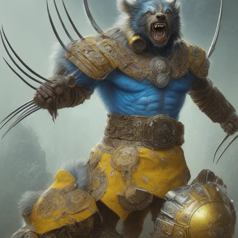 angry Wolverine warrior in Blue and yellow battle armor, a highly detailed illustration, background of Inka jungle, realistic render, 8 k, micro detail, intricate, elegant, centered, digital painting, Artstation, smooth, sharp focus, illustration, artgerm, tomasz alen kopera, peter mohrbacher, donato giancola, joseph christian leyendecker, wlop, boris vallejo