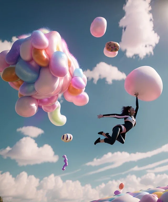 Ultra realistic speed clouds sky scene, wide angle view, sweet women falling down, inflatable color clothing, free jumping flying, many trinkets, hair monster, many jelly beans, balls, color smoke, smile, happy, circus style, extreme, wind, clouds sea, 20,000 feet altitude, stratosphere, soft color, highly detailed, unreal engine 5, ray tracing, RTX, lumen lighting, ultra detail, volumetric lighting, 3d, finely drawn, high definition, high resolution.