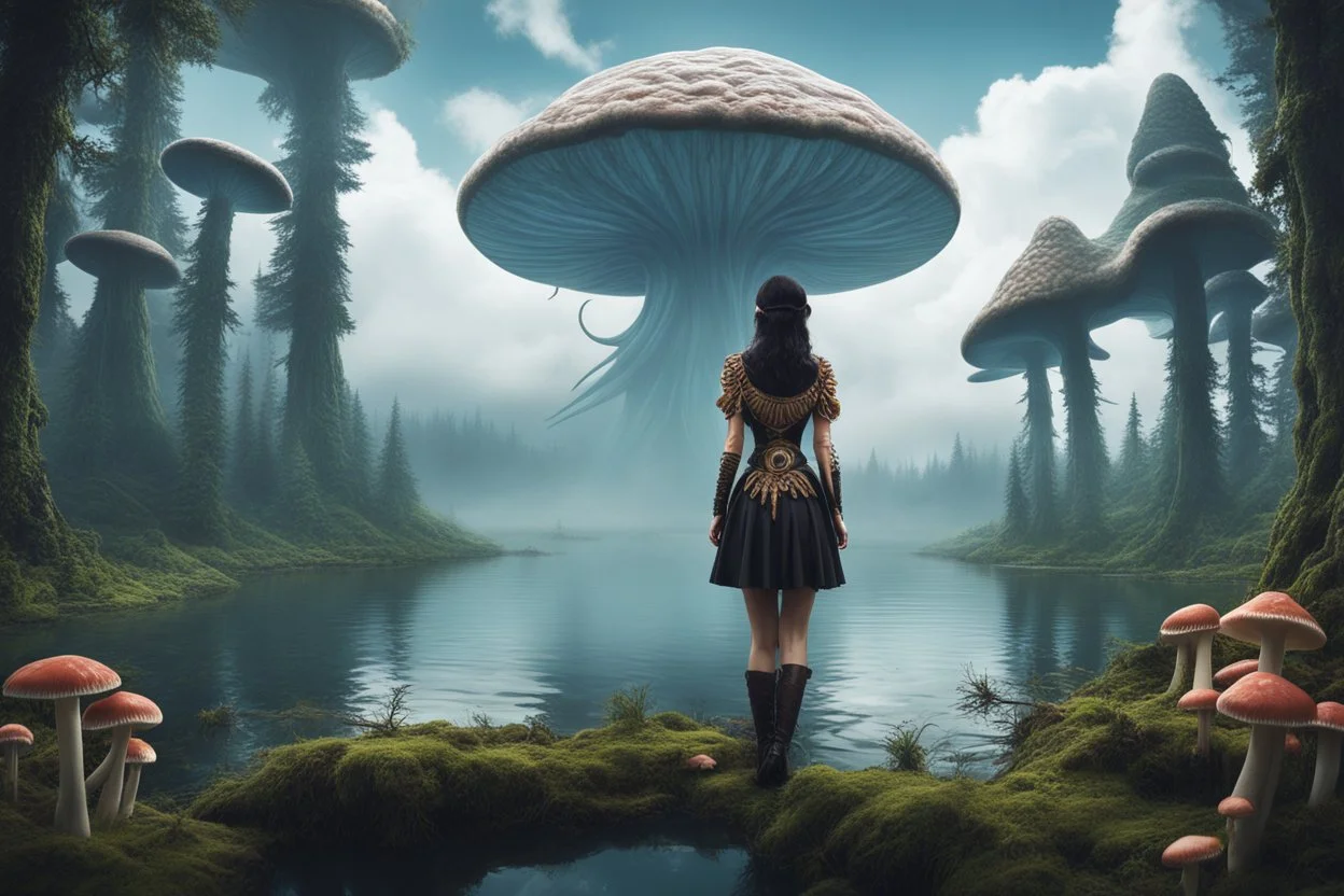 A skinny woman with a Cleopatra hairstyle, short skirt, and knee-high boots, looking out over a lake, in an alien forest, with tall cloud trees, flying mushrooms with octopus tentacles