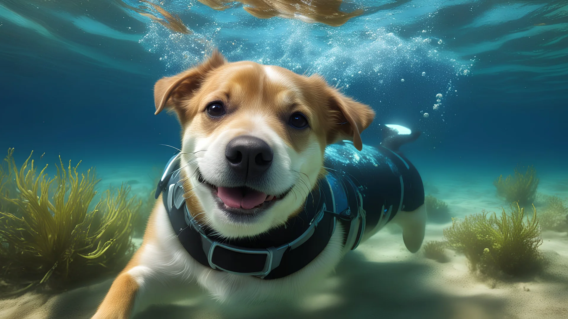 Happy dog swimming underwater and having fun. Happy childhood and summer vacation. High quality photo realistic .8k,, detailed, realistic, 8k uhd, high quality