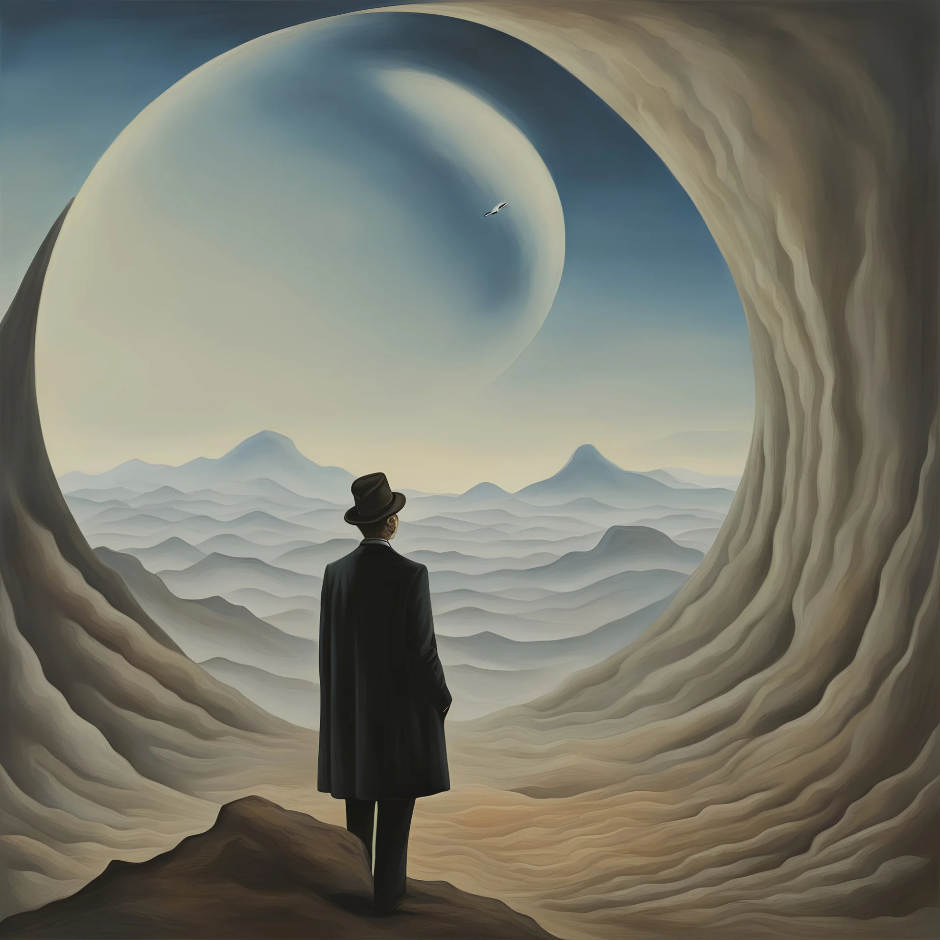 person alone in planet,cover art, surrealist painting called 'today I am thinking about time by dali and picasso and magritte and Breughel