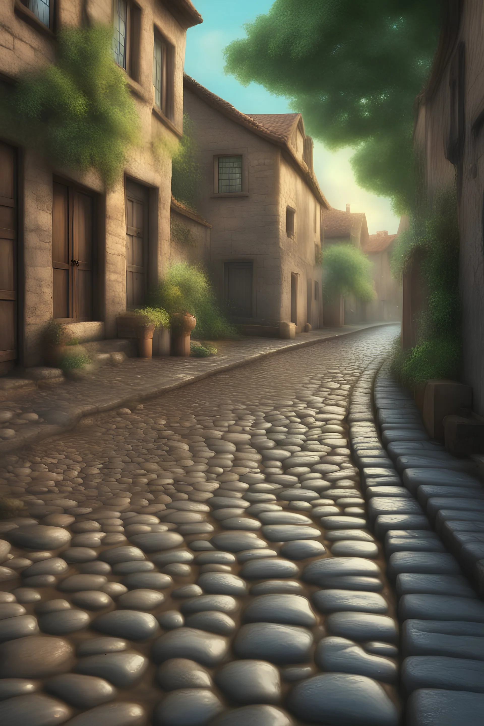 Fantasy street with cobblestone, moist from rain on sunny day