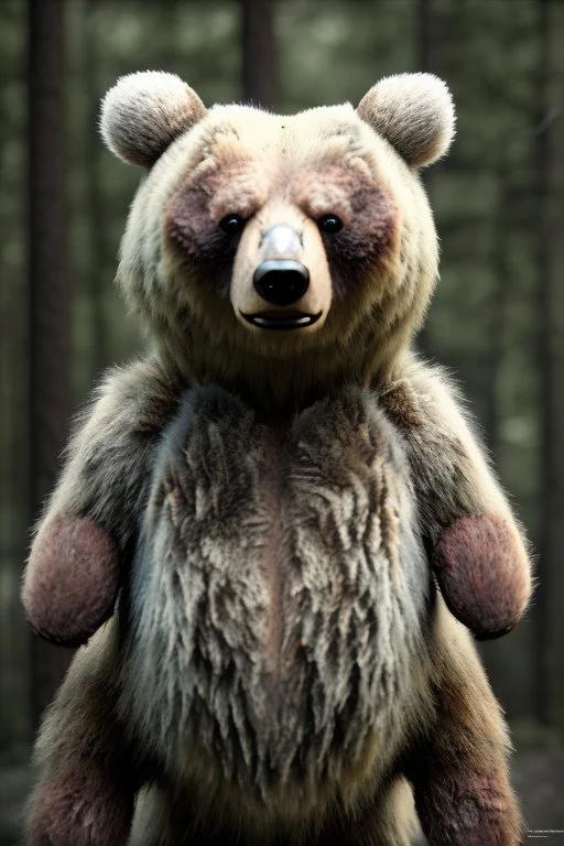 upclose realistic and mysterious photography,12k ultra-high-definition rendering of a scary bear, he is partially a robot, white furr coat, red scratch marks on him, showing thangs,exudes a sinister aura under the Forrest's dark and mysterious lighting