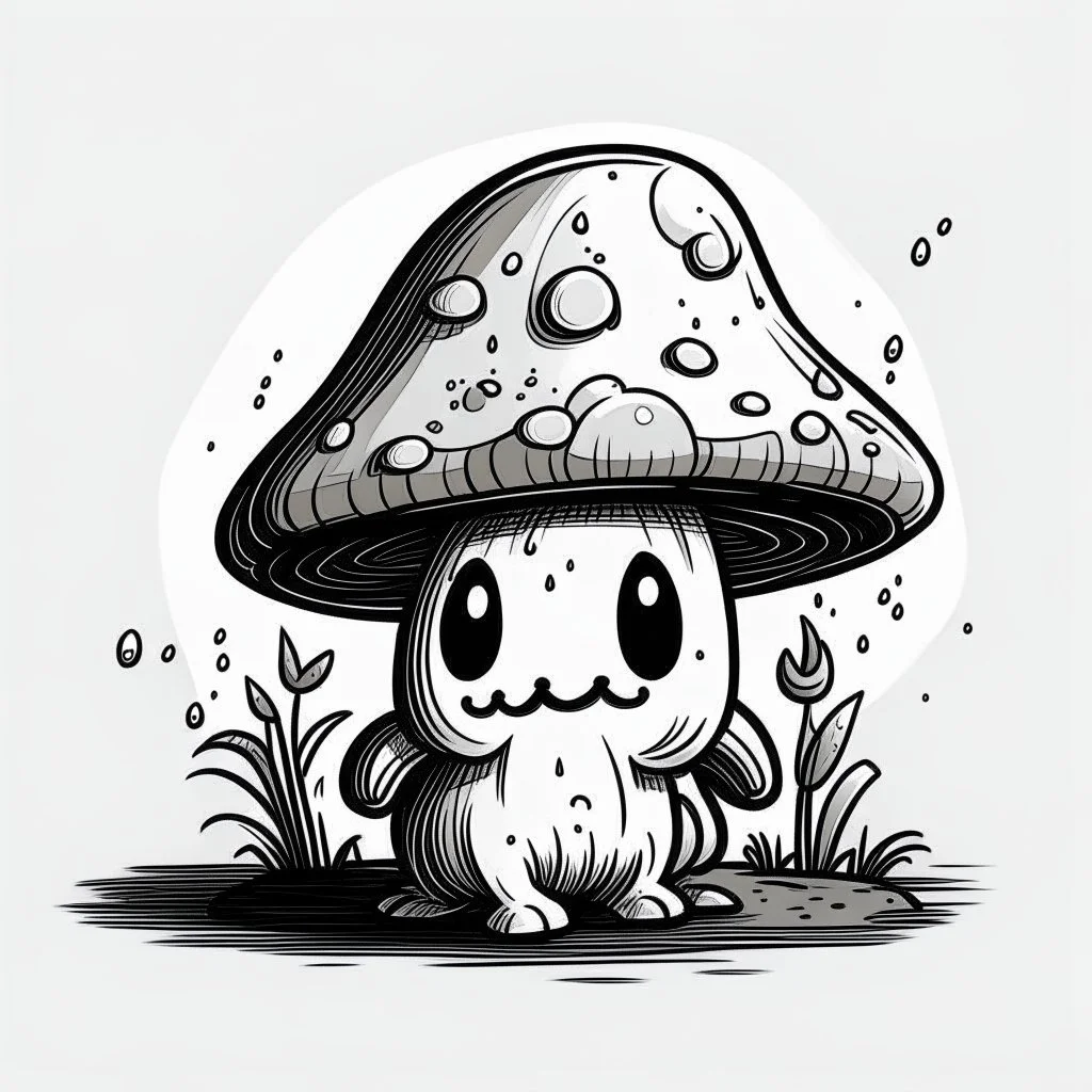 mushroom, black and white, cartoon, drawing, cute, creature, simple