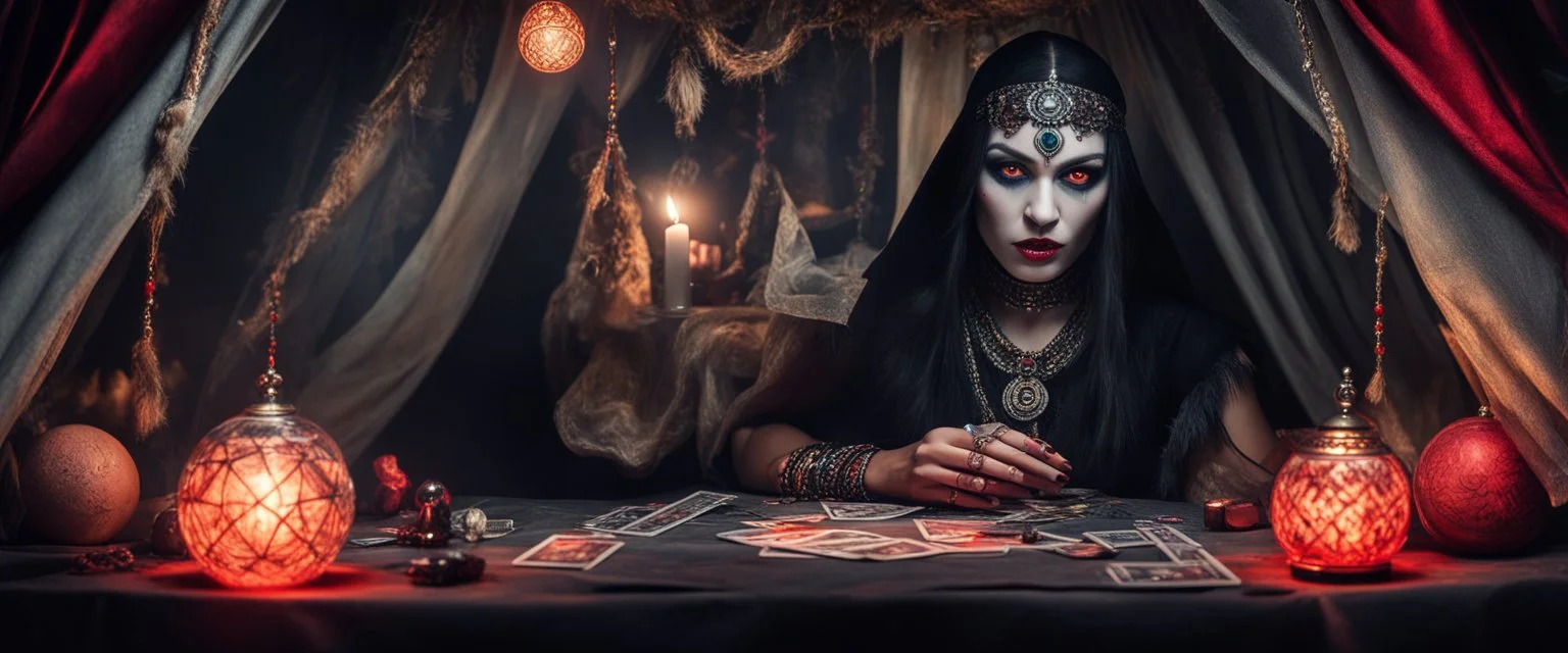 Hyper Realistic photographic-view of Wicked-&-Beautiful-Fortune-teller-with-glowing-red-eyes wearing black-beed-necklace-&-bracelet angrily Looking at her crystal-ball glowing magically & sitting in her tent at dark-night decorated with fancy-traditional-feathers-&-tarot-cards showing dramatic & cinematic ambiance"