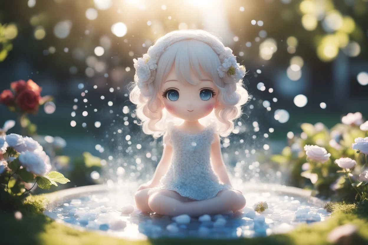 double exposure, only dots and pebbles, cute chibi anime girl, fountain, garden, forget me nots and roses in sunshine, backlit, ethereal, cinematic postprocessing, bokeh, dof