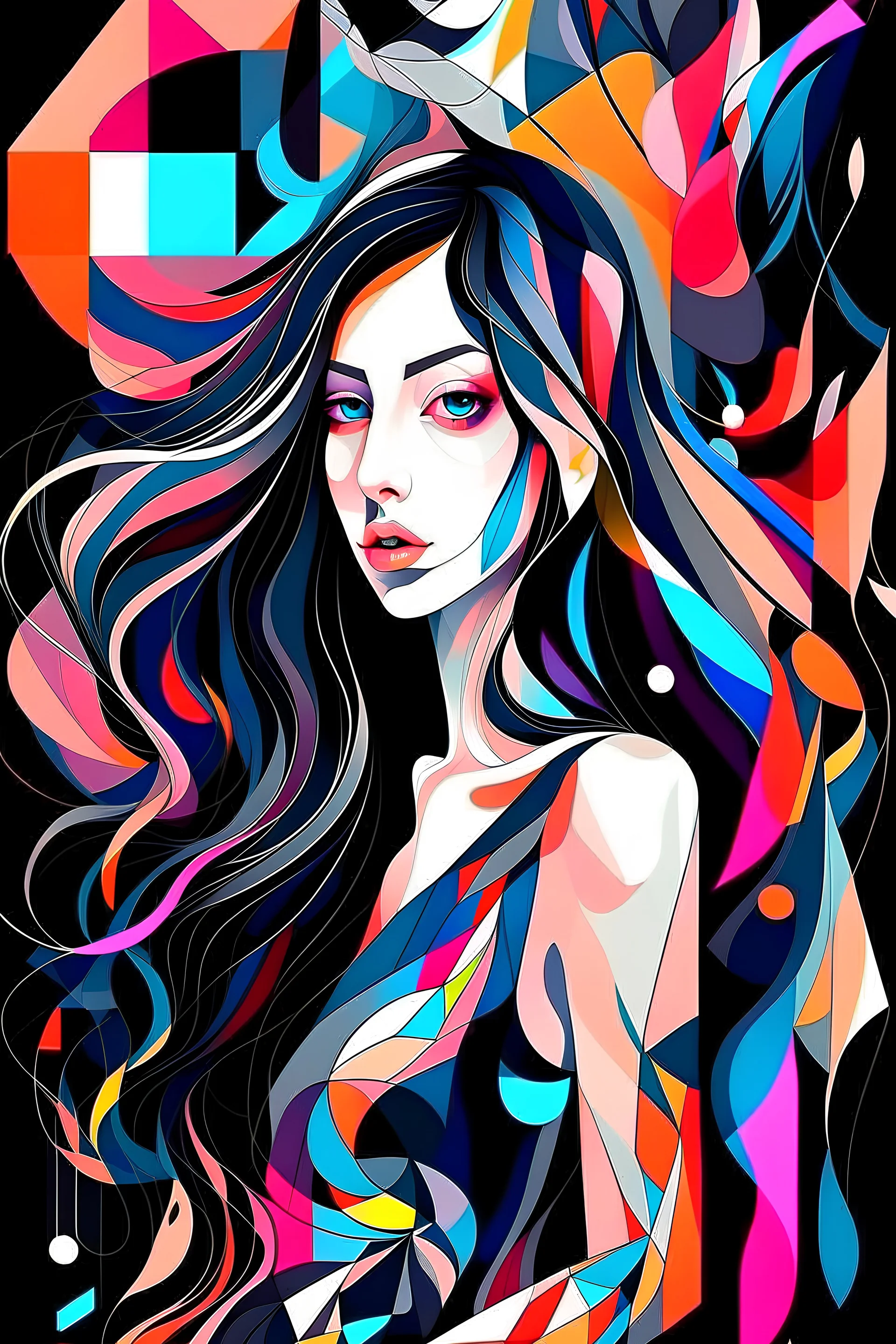 Neo Surrealism, whimsical art, Analytical Cubism Illustration Design a perfect pretty girl, black long hair, Split-Complementary color guide, Plasma Energy Texture, abstract background, girl, Pose with movement, often for geometric deconstruction, monochromatic palette, or fragmented forms.