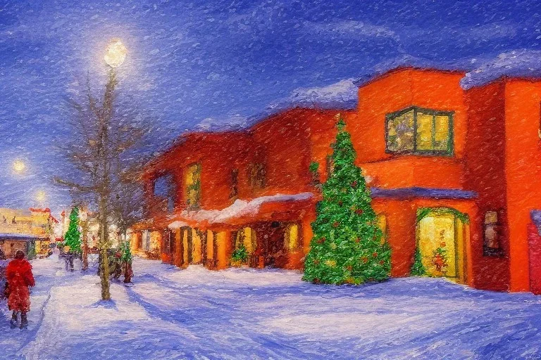 impressionist painting of a christmas scene in Santa Fe, New Mexico