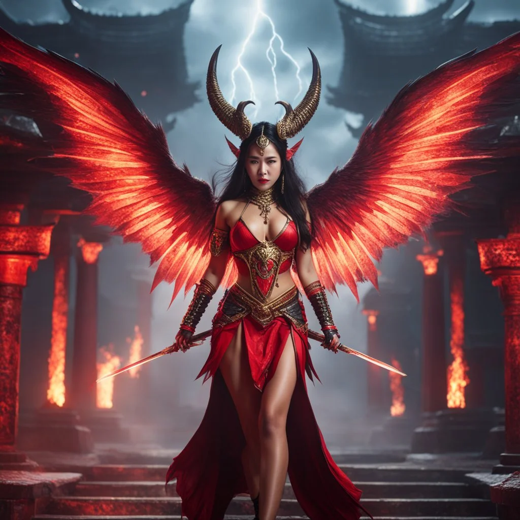 HD Asian winged demoness diablo's styled, inspired from Lilith myth, ruined temple background, cinematic lightning, sharp focus, intricate details