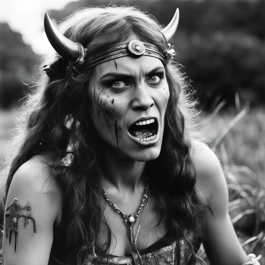 [vintage style noisy scratches glitches] 1970s angry Hippie warrior woman with a knife gripped tightly in her hands fighting Alien liquid saliva monster. Face to face: Its drooly, drooling head looms dangerously close to her pretty face, dripping with acidic saliva. the world emits eerie, otherworldly sounds that reverberate through the liquid landscape.