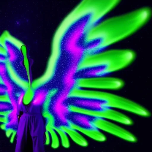 ultraviolet creature with wings in bioluminescentforest