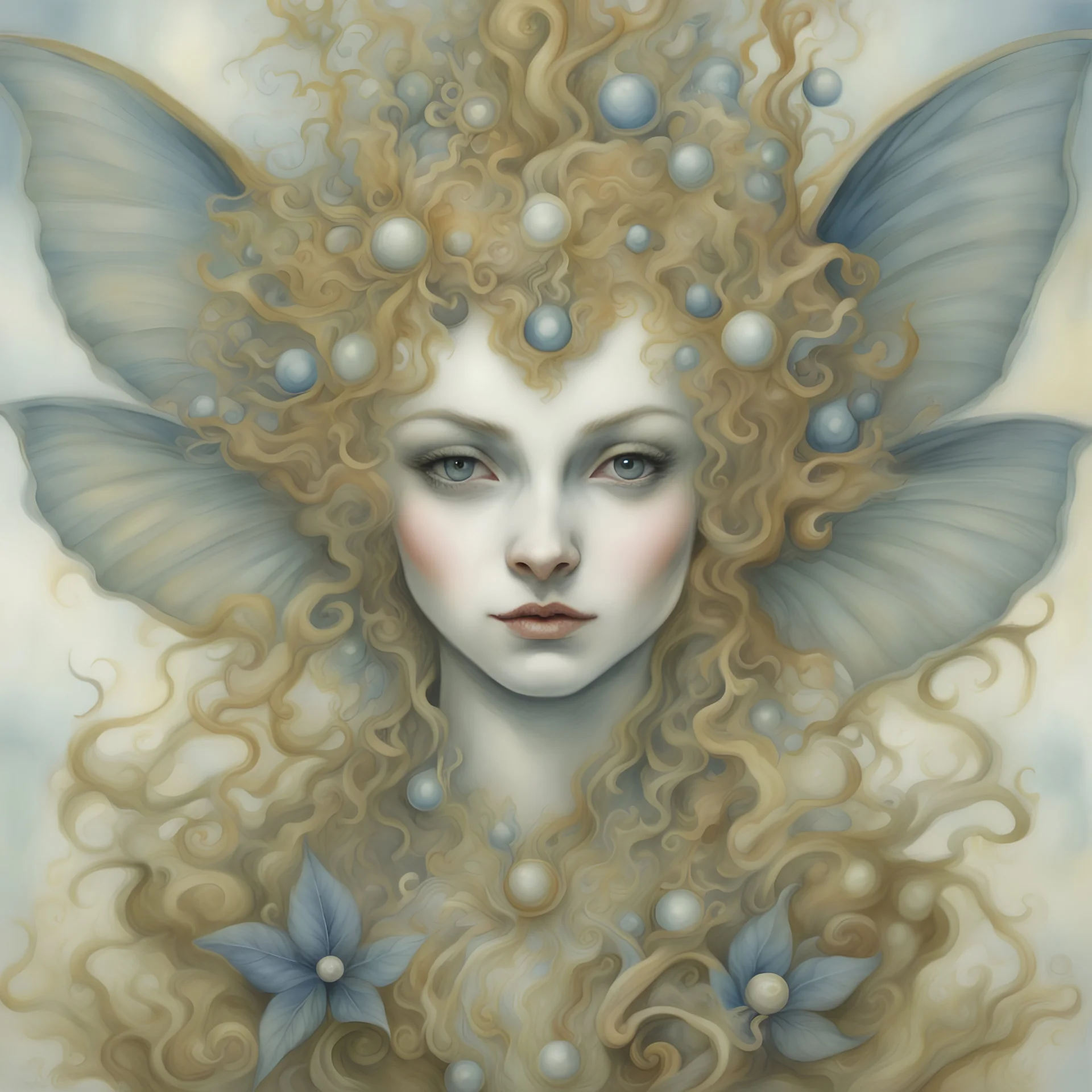 Watercolor, antique watercolor illusion, transparency, detailed, careful airbrush painting, abstraction + surrealism, Carnival Doré intrications of a bizarre mind, with hemp and monstrous claws, multi-eyes cats fly to devour&a kind elven fairhair woman, Caurien Chicory, turns winter into summer in a fairy-tale of a fantastic Timeless Theater, pearls, Swarovski crystals, leather, turquoise, gold, olive, mother-of-pearl, silver, avant-garde, grotesque, depth, best quality, minimalism, frost, glow