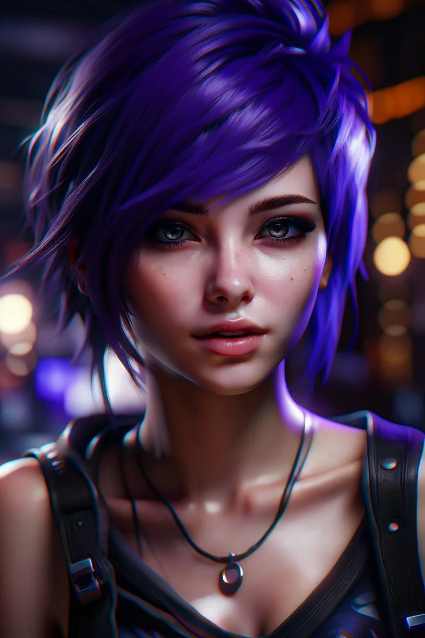 super pretty young woman,good body, big bubs, great purple eyes, black scratched make-up, intense look, purple nice lips, little smile, short purple haired, close up face, front view angle, older mistic temple background, intrincate details, high definition picture, render, master piece, no deformed body, no extra arms, no extra feets, no extra fingers.