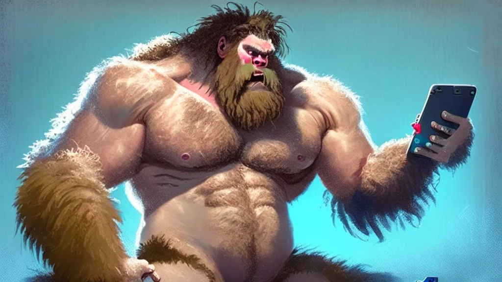 very large hairy shirtless man using his monster paws to get play on the phone