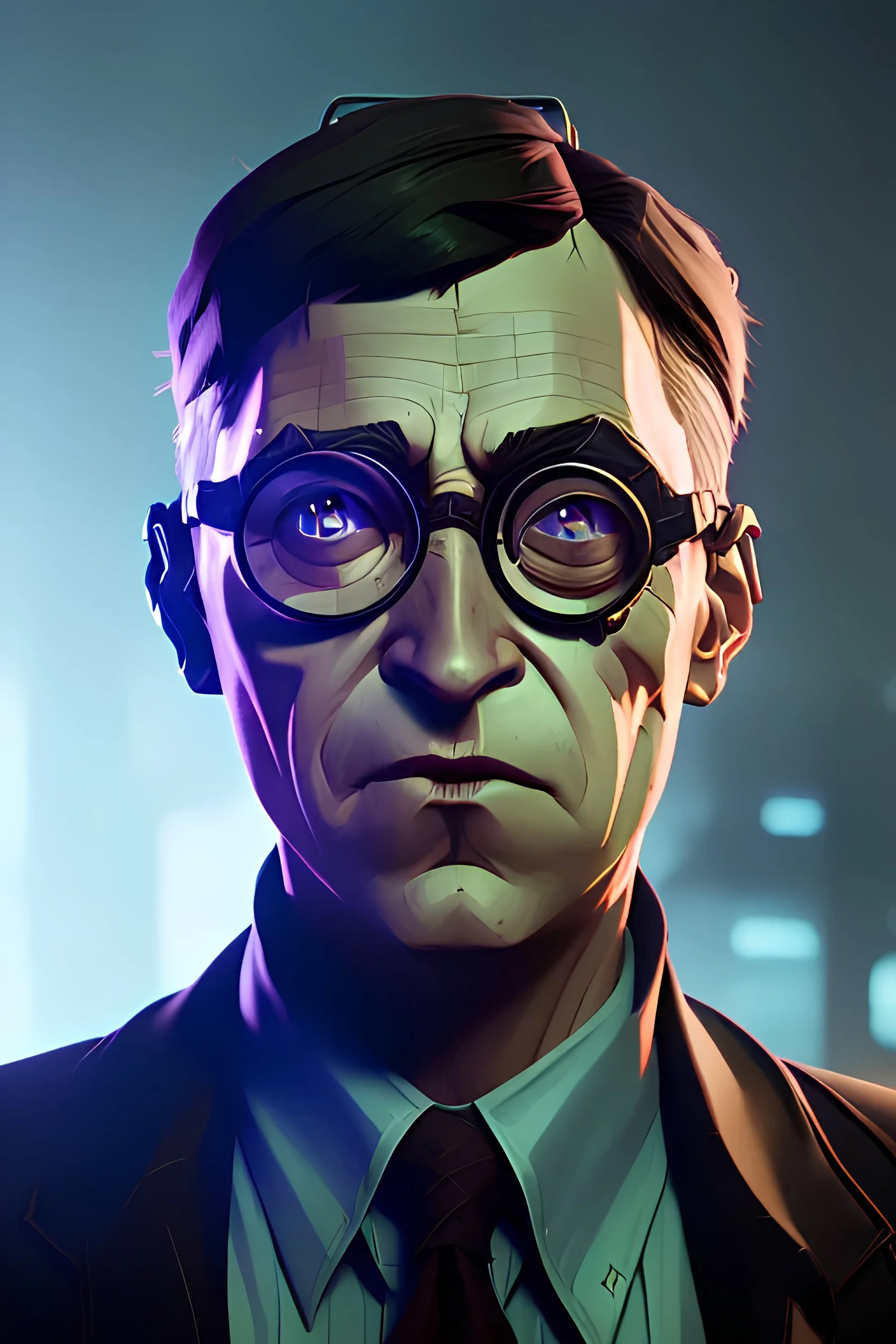 A portrait of post-apocalypse cyborg BILL GATES in a cyberpunk city, sci-fi fantasy style, volumetric lighting, particales,highly detailed,cinamatic, deep colours,8k.