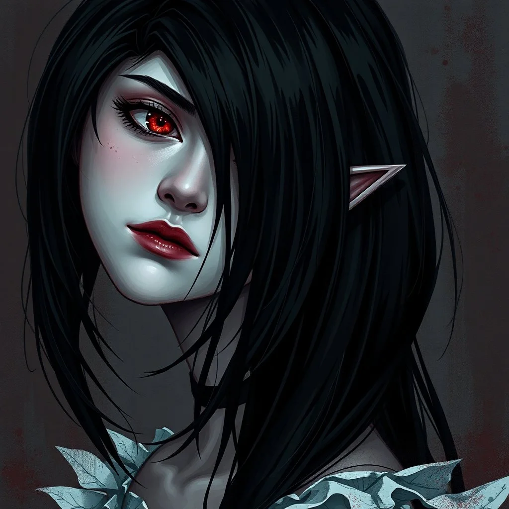 a pretty girl, 14 years old, black hair, vampire, red eyes, realism, stylised, serana, fantasy, mystery