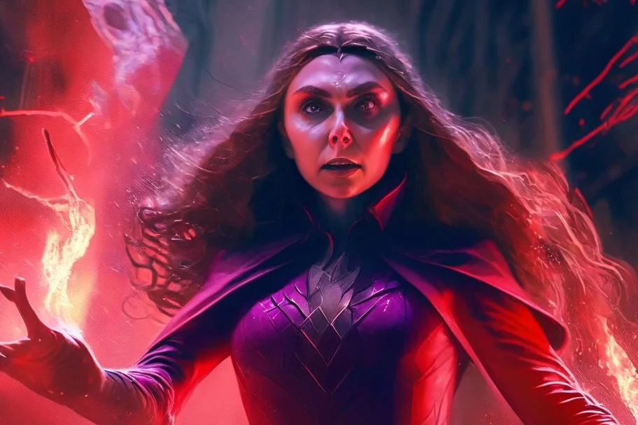 Feiticeira escarlate, wanda Marvel, elizabeth olsen, 4k render, vilã, manipulando magia, raiva, corpo inteiro, olhos marcantes, mãos atirando magia do caos vermelha, cidade de destruição, cores frias, cinematográfico, dramático