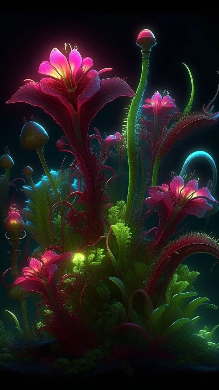 "3D HR Complex Unique and Beautiful Bioluminescent Carnivorous Plants, a breathtaking frontier fantasy artwork by Android Jones, Jean Baptiste monge, Alberto Seveso, Erin Hanson, Jeremy Mann. Minimalist highly detailed and complex professional_photography, masterpieces, 8k resolution concept art, Artstation, tricolor, Unreal Engine 5, cgsociety" Highly detailed ArtStation Concept Art Clear Focus Smooth cinematic 4K epic Details Serious Stoic ARTgerm AN's mature art. Bosch painting style,Busch