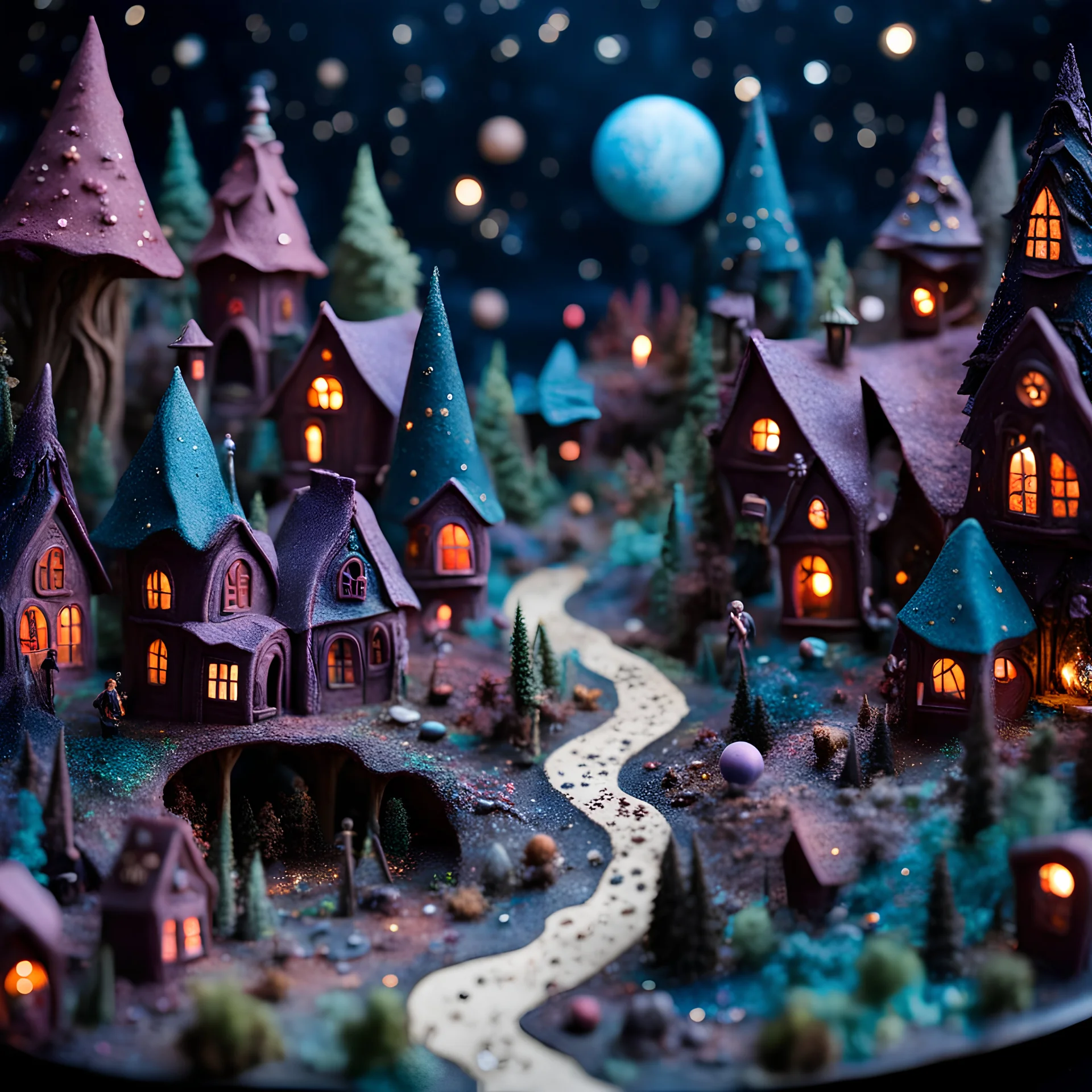 Detailed creepy landscape made of modeling clay, people, village, stars and planets, naïve, Tim Burton, intricate, Harry Potter, strong texture, extreme detail, Max Ernst, decal, rich moody colors, sparkles, bokeh