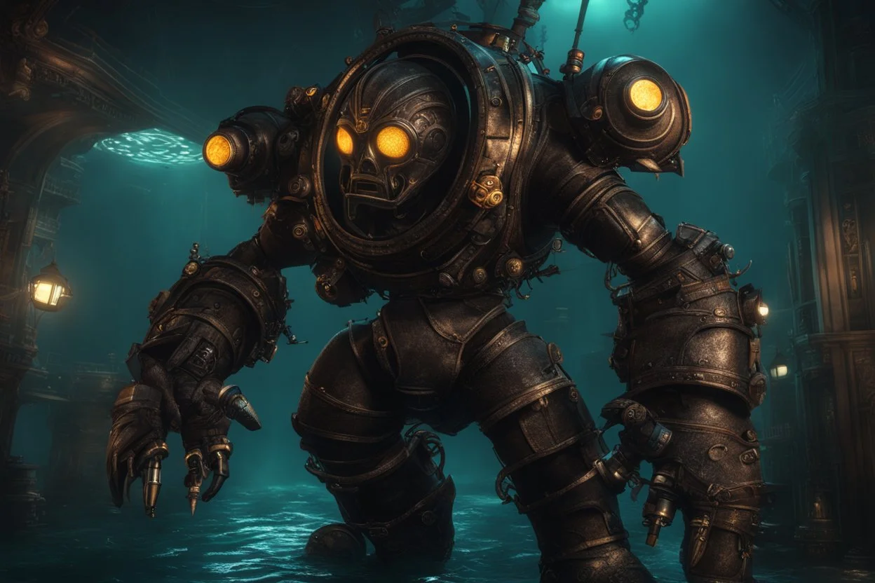 Big Daddy in bioshock model with 8k solo leveling shadow artstyle, venom them, Underwater, neon water, full body, intricate details, highly detailed, high details, detailed portrait, masterpiece,ultra detailed, ultra quality