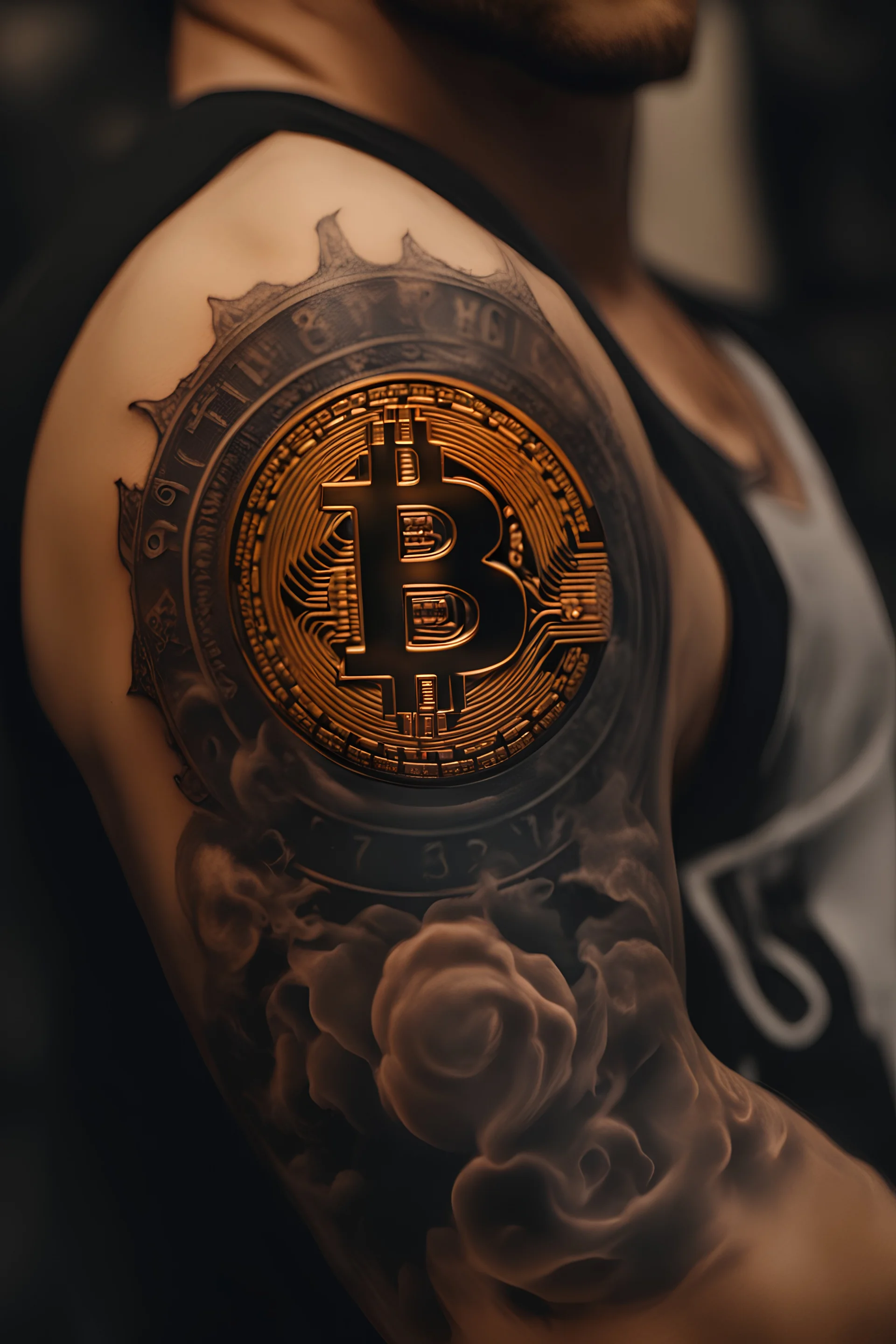 close view of a man's arm that has just been tattood by a branding iron, the branding tool just lifted up from the skin and the tattoo is hot and still smoking from the heat, the tattoo is a Bitcoin symbol. Hyper realistic, 8k, realistic