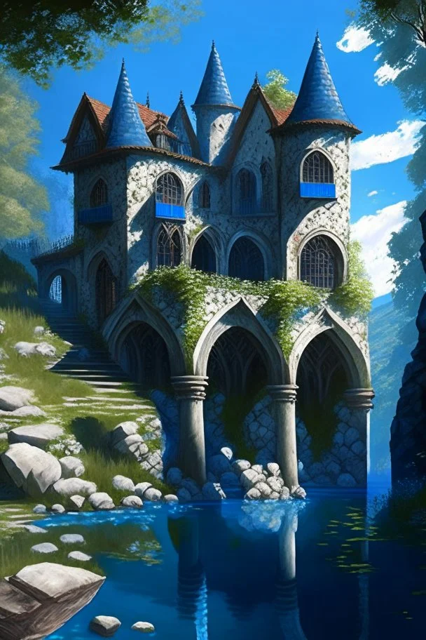 medieval gothic house built into rocks, lake, trees, arches, balconies, bridges, verandas, foliage, sunny blue sky