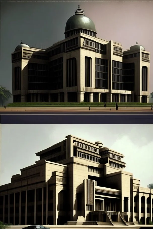 Architectural style for building of India's Intelligence Bureau , make it visibly military and intelligence style at the same time similar to Indian Architecture, use darker colors, make it wider and not much taller