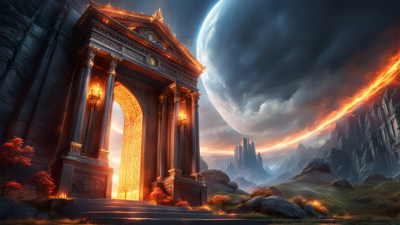 The two portals to Heaven and Hell. Good and Evil. Life and Death. fantasy concept art, exquisite realism, a masterpiece, dynamic lighting, hyperdetailed, intricately detailed, deep color, Unreal Engine, volumetric lighting , Epic cinematic brilliant stunning intricate meticulously detailed dramatic atmospheric maximal,