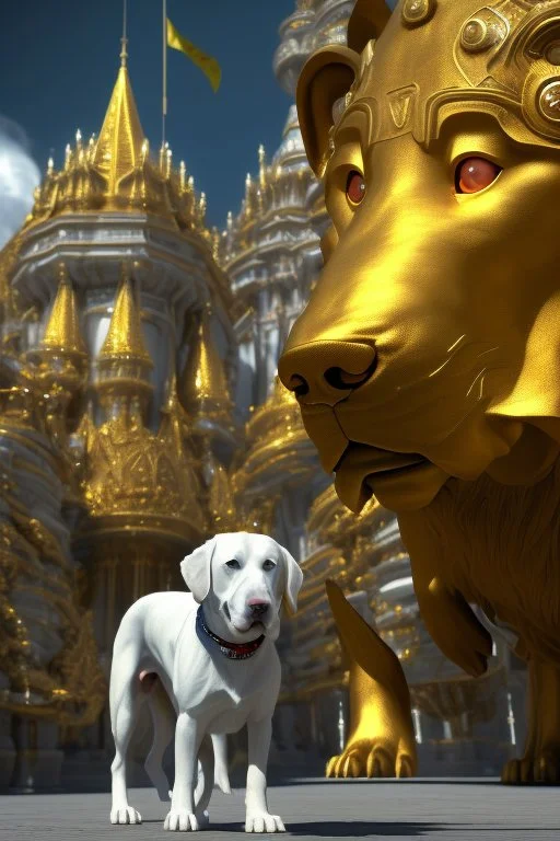 humans obey front of the huge yellow-white big dog, myistic atmhosphare. Realistic, render, 4k