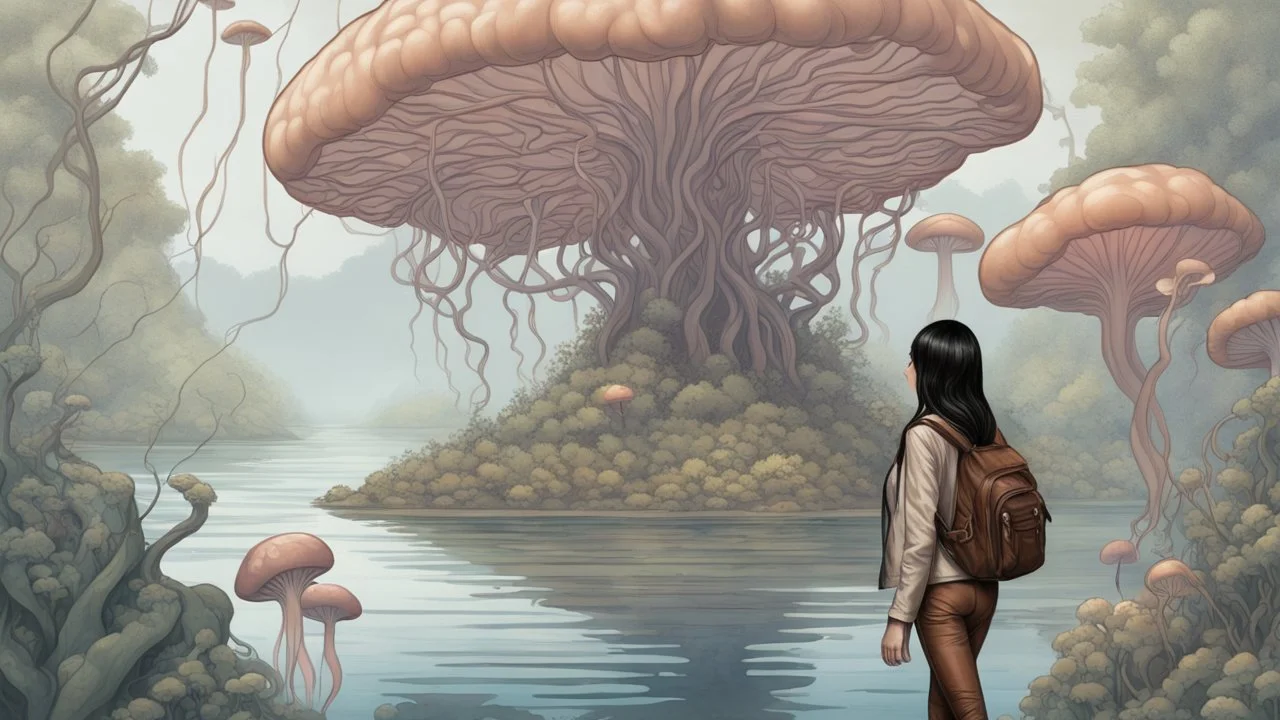 woman with black hair in a ponytail, in light brown leather trousers and jacket, walking through a forest of floating alien mushrooms with jellyfish tentacles, rampant foliage, and vines, next to a lake, photorealistic, Deep Colour, Intricate Detail