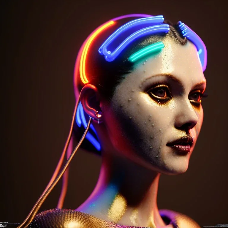 pretty british cyber woman, cold ambient, rain, fog, latex, cables, purpurin, black, gold, a lot of piercings, brown, decorative color feathers, circuits, neon style, a lot of led lights, fog, rain, vibrant color, highly detailed, art stations, concept art, smooth, unreal engine 5, god rays, ray tracing, RTX, lumen lighting, ultra detail, volumetric lighting, 3d, finely drawn, high definition, high resolution.