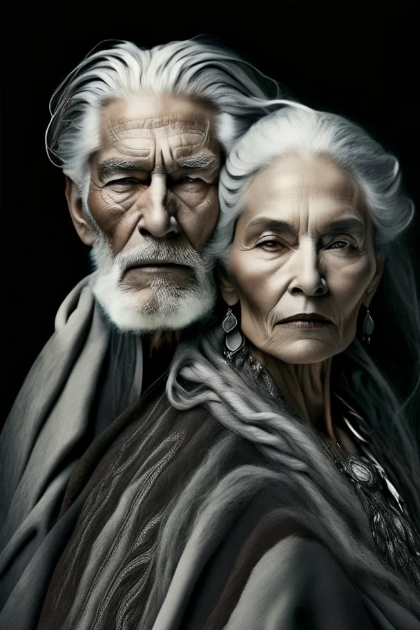 a photo of an White man and woman with ethnic jewelry, grey hair and grey flowing robe, in style of Annie Leibovitz, contemporary portrait of a mature yet beautiful and modernist, black and grey, detailed face, swirling fluid smokey enigma, award-winning artwork