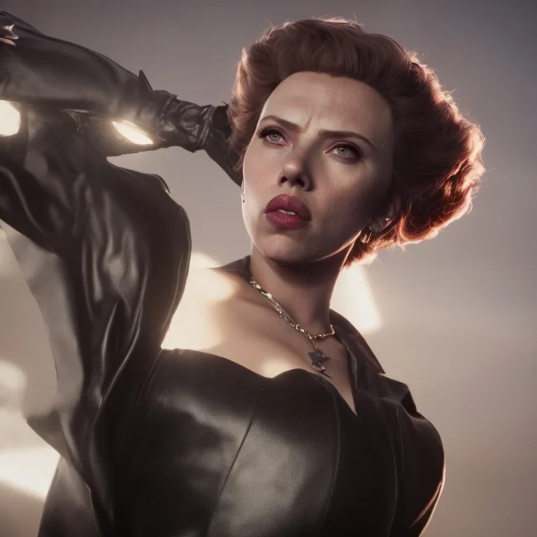 Scarlett Johansson as evil queen in black leather gown, cleavage, angry, stern look unreal 5, octane render,cinema4d, dynamic lighting, dramatic lighting, 4k, redshift render, highly detailed, hyper realistic, in space