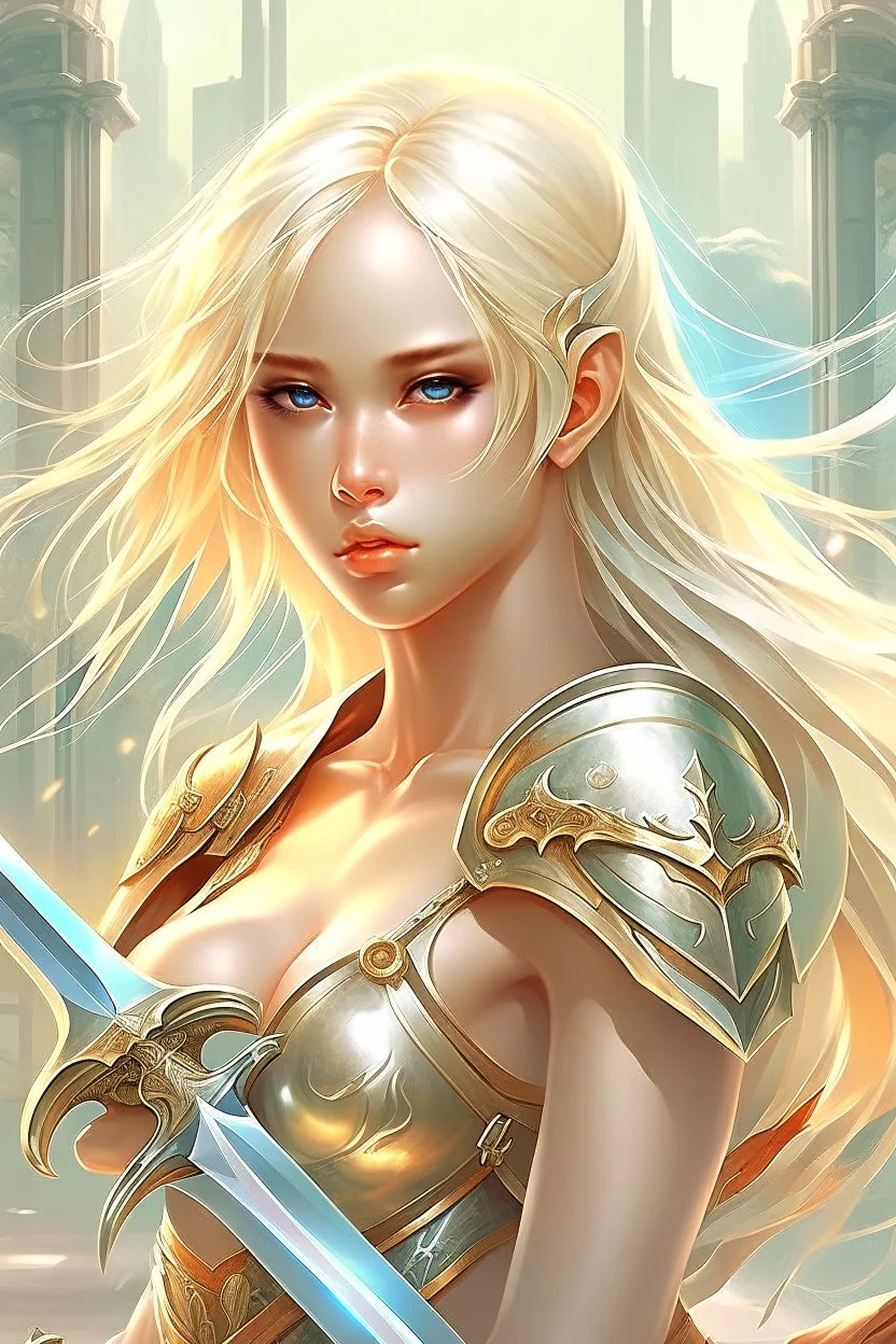 pretty girl, warrior, elf, blonde hair, fantasy, conventionally attractive, fighter, sword, young, maternal, realism