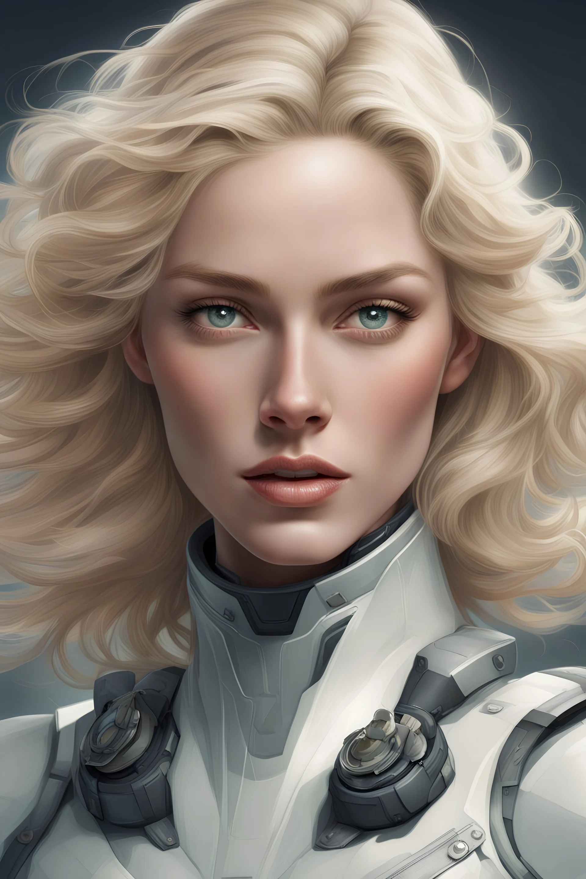 Describe the image a woman with fair skin and strikingly detailed features that exude confidence and poise. She has soft, voluminous blonde hair cascading in waves past her shoulders, framing her face. Her eyes are large, clear, and expressive, suggesting a sense of determination and intelligence. The woman's attire appears to be a form-fitting, futuristic military-style uniform, suggesting she holds a position of significant responsibility, possibly as a captain or another high-ranking officer.