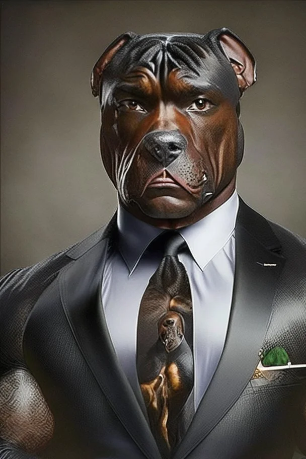 Bodybuilder Lee Haney with the face of a Rottweiler dog A dog's head instead of a person's head Only the player's body with a bulldog head on it He wears a luxurious black suit and holds a luxurious cigar The suit covers the body. In the mouth of the dog there is a luxurious Rottweiler dog head