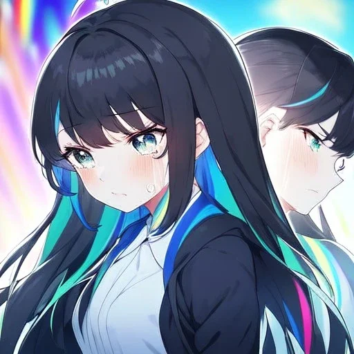 Clear focus,High resolution,High quality, 1girls, with color, anime girl with black hair with rainbow hair, crying in school, blur in the background, manga style