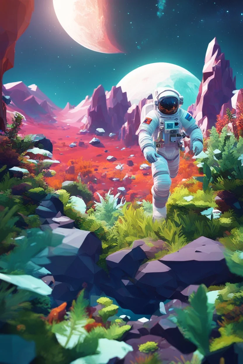 (((close midshot))), (((low poly art:2))), (astronaut), ultra detailed illustration of an environment on a dangerous:1.2 exotic planet with plants and wild (animals:1.5), (vast open world), astroneer inspired, highest quality, no lines, no outlines candid photography. by Lekrot