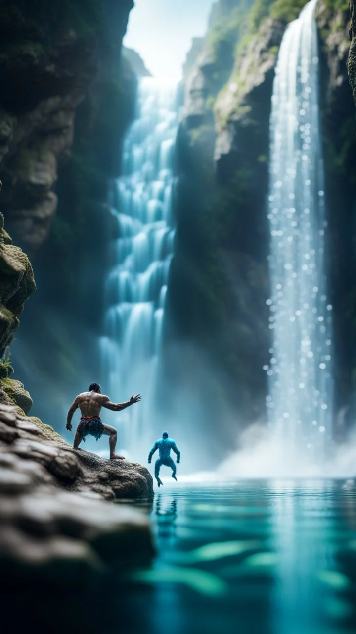 portrait of a transparent orc cliff diver and his ice elemental twin swimming at the bottom of huge waterfall,bokeh like f/0.8, tilt-shift lens 8k, high detail, smooth render, down-light, unreal engine, prize winning