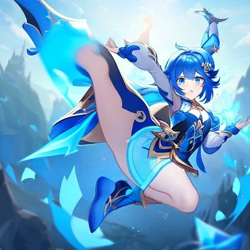 Clear focus,High resolution, Vibrant short blue hair, Vibrant blue eyes, Genshin impact inspired outfit, wearing a short skirt, kicking pose, full body, jumping