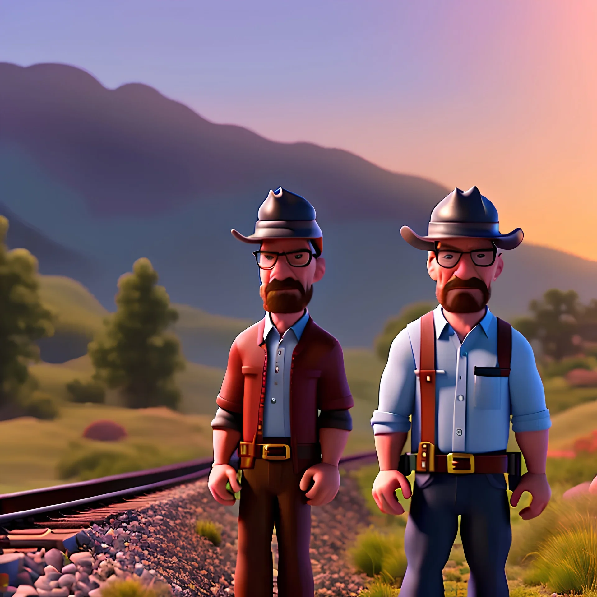 Walter White and his family with a train, 8k, realistic body, with a fedora, sunset background,