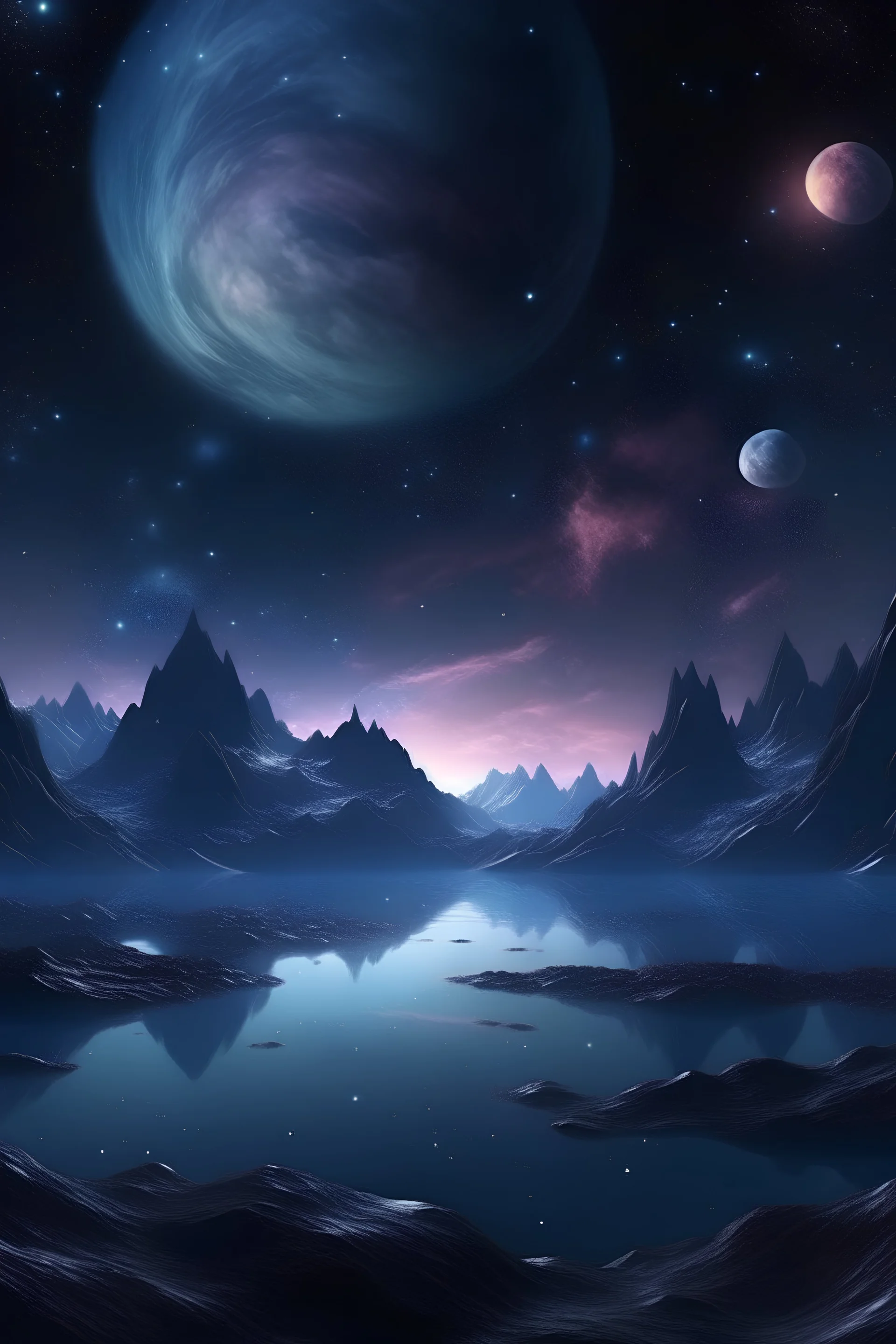 4k realistic Fantasy world galaxy, space, ethereal space, cosmos, water, panorama. Palace , Background: An otherworldly planet, bathed in the cold glow of distant stars. The landscape is desolate and dark, with jagged mountain peaks rising from the frozen ground. The sky is filled with swirling alien constellations, adding an air of mystery and intrigue. Old castle of london, detailed , enhanced, cinematic, 4k,by van gogh