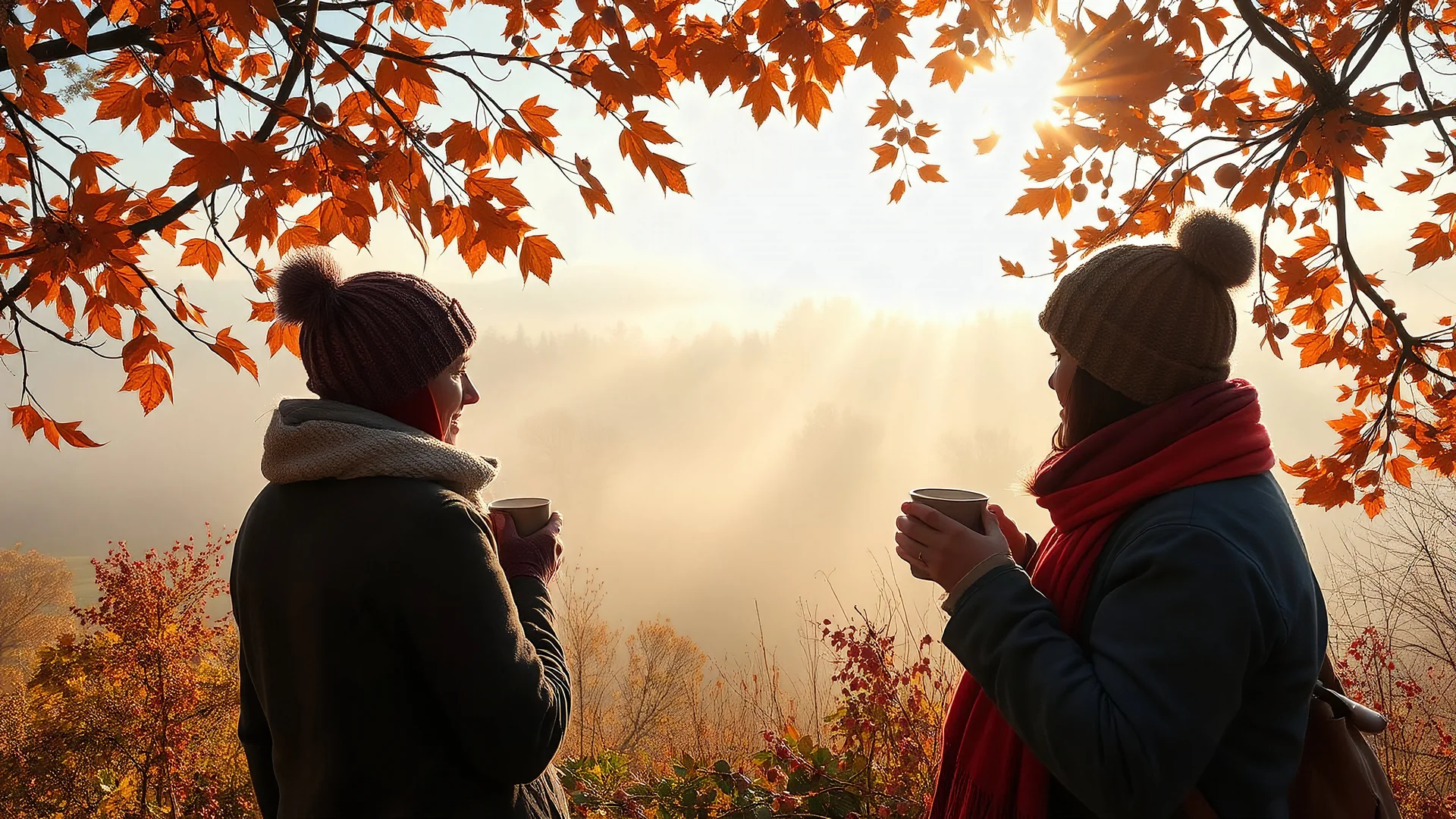 Autumn: falling leaves, Misty mornings, fog over distant fields or forests, sunshine; people wearing scarves, woolly hats, gloves, holding mugs of steaming hot drinks; chestnuts, acorns, berries, rowan, holly, mistletoe; birds migrating; squirrels gathering nuts; beautiful colours, atmospheric. Award winning photograph.