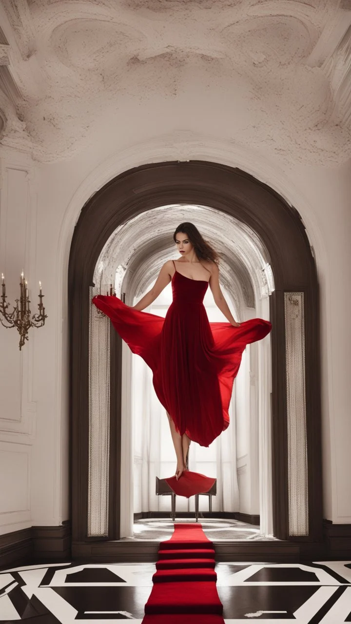 White wings, scissors, red dress on a luxurious velvet floor. Cinematic photo from above,no girl just matterials